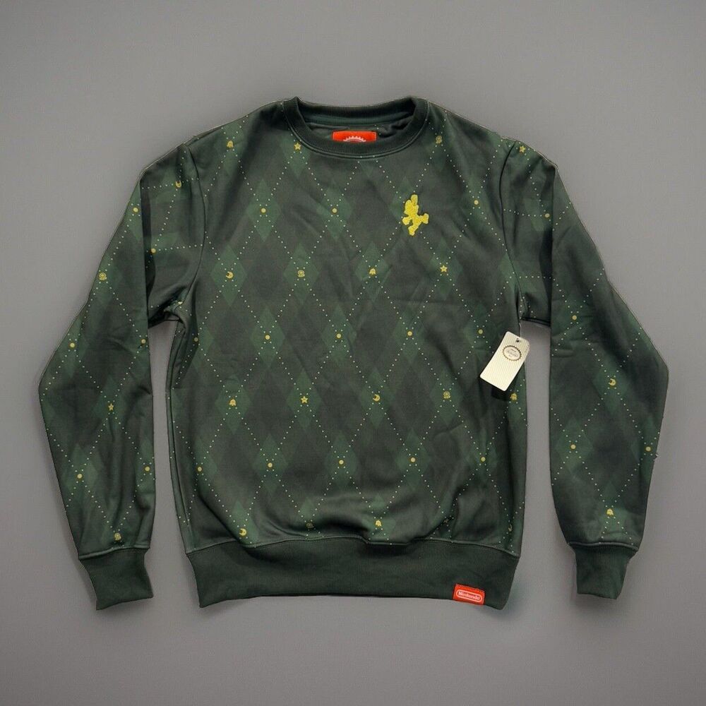 Nintendo Super Mario Bros Mens Crewneck Sweatshirt Sz S Green Argyle Holiday NWT